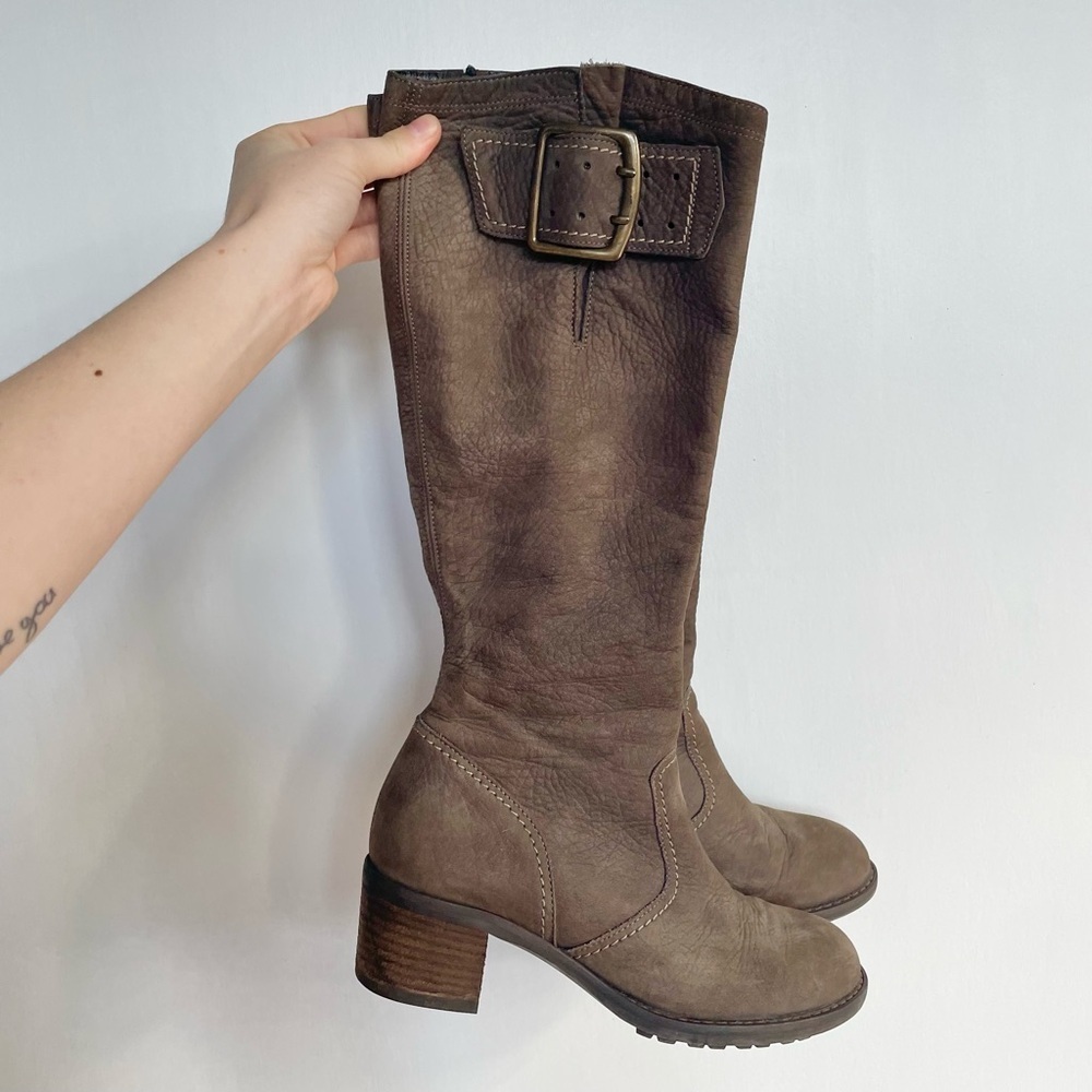 Paul Green 'Optimist' Knee High Buckle Boot Graphite Leather Heel Womens Size 6